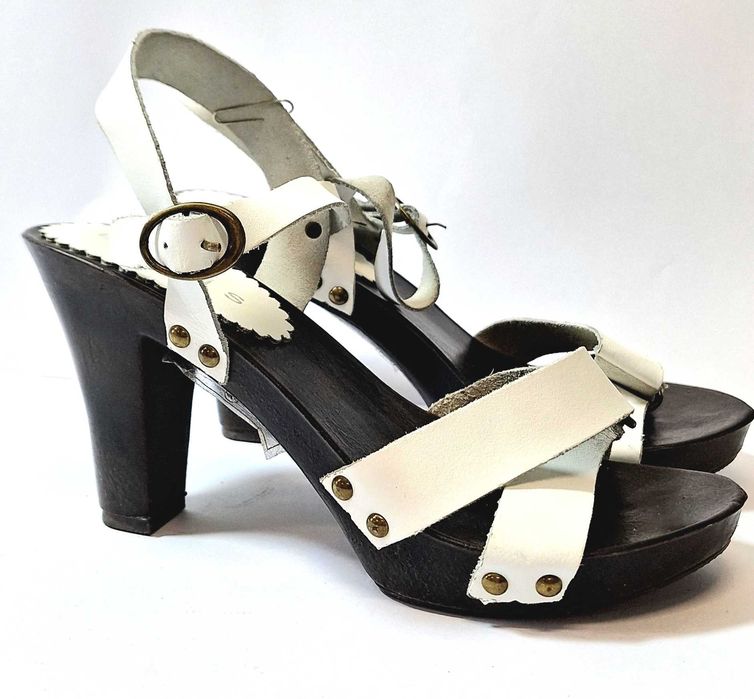 Sandały 36 drewniaki skórzane białe na obcasie 22,5 cm EDEIS BD0226