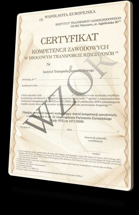 Certyfikat Kompetencji Zawodowych Transport Rzeczy i Osób