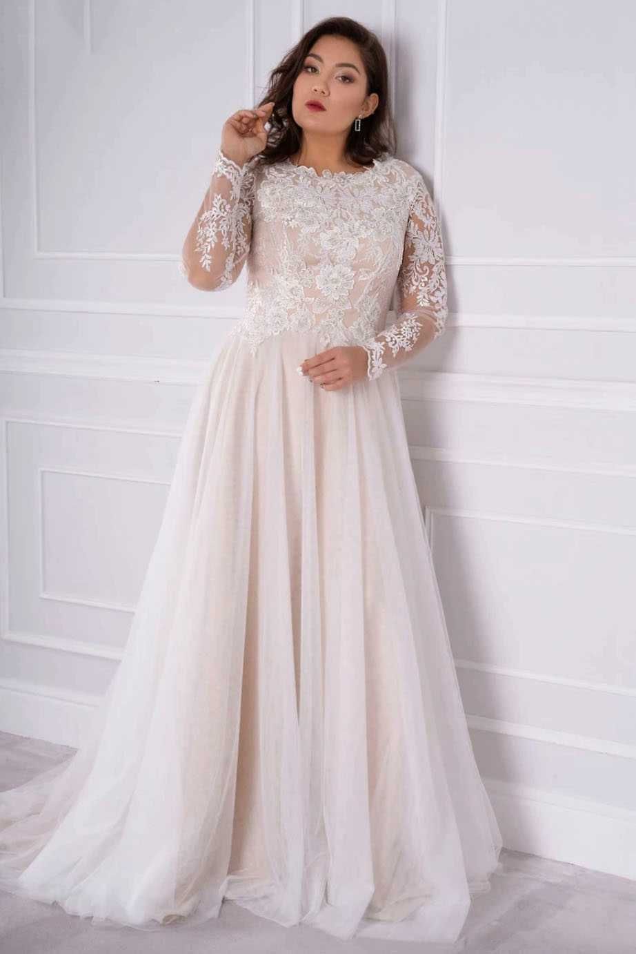 Suknia ślubna ivory-nude linia-A rękawy 46, 50