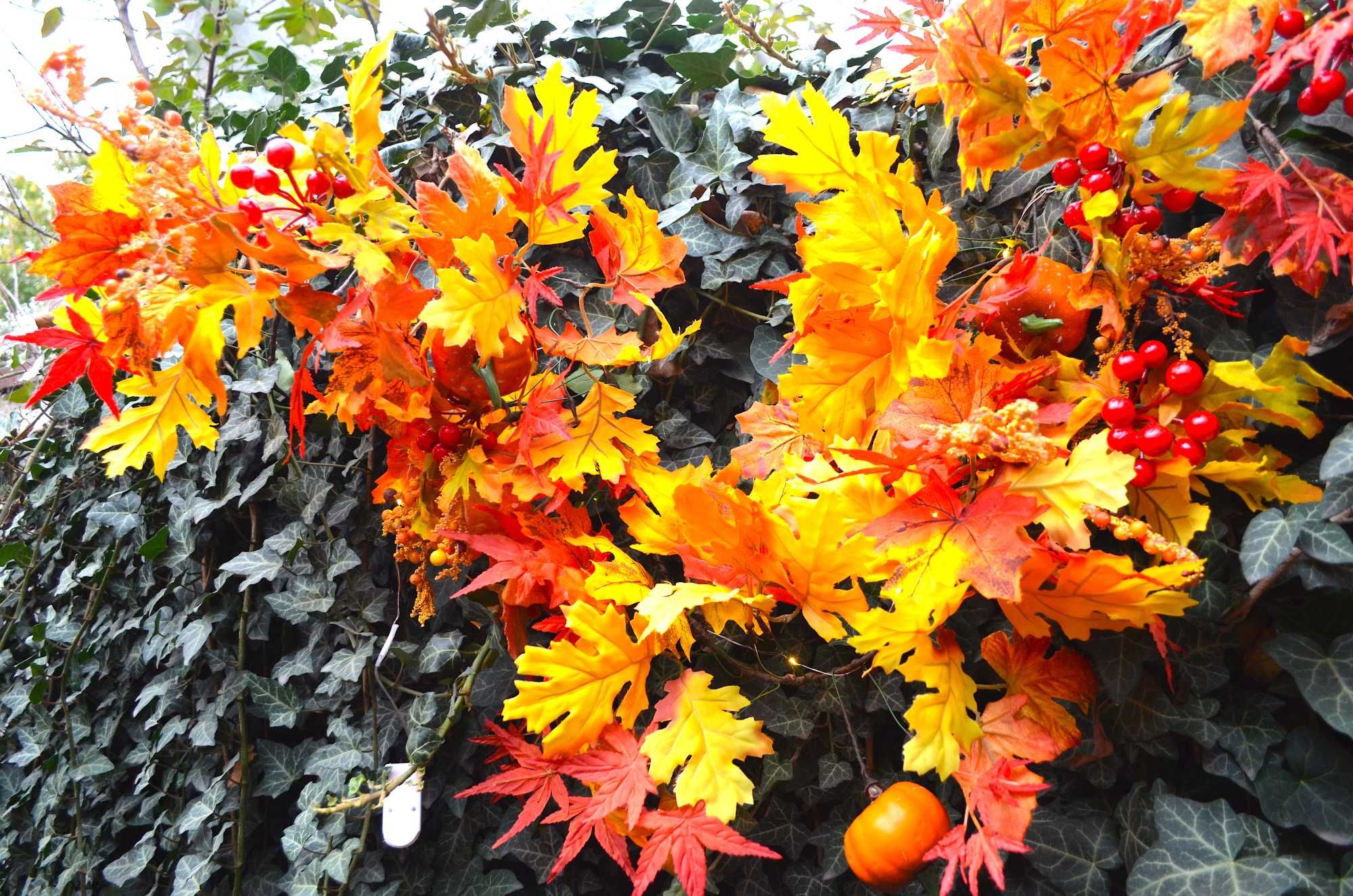 Осіння гирлянда з осіннього листя, калини, гарбузів, з підсвіткою