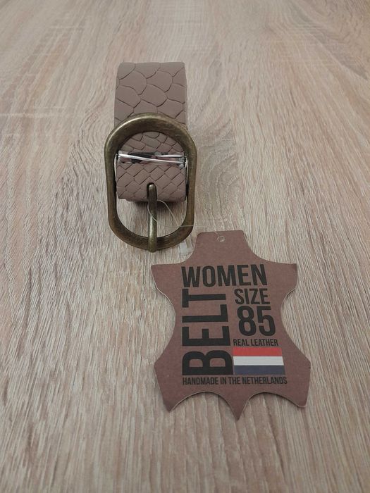 Nowy skórzany pasek z Holandii, Fancy Style beżowy_wzór/ 85_kl mosiądz