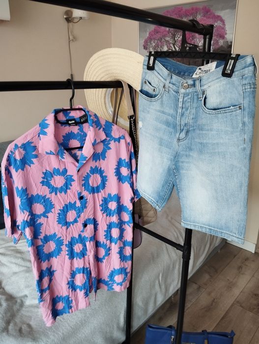 Zestaw na lato koszula STWD hawajska szorty dżinsowe spodenki 30 S