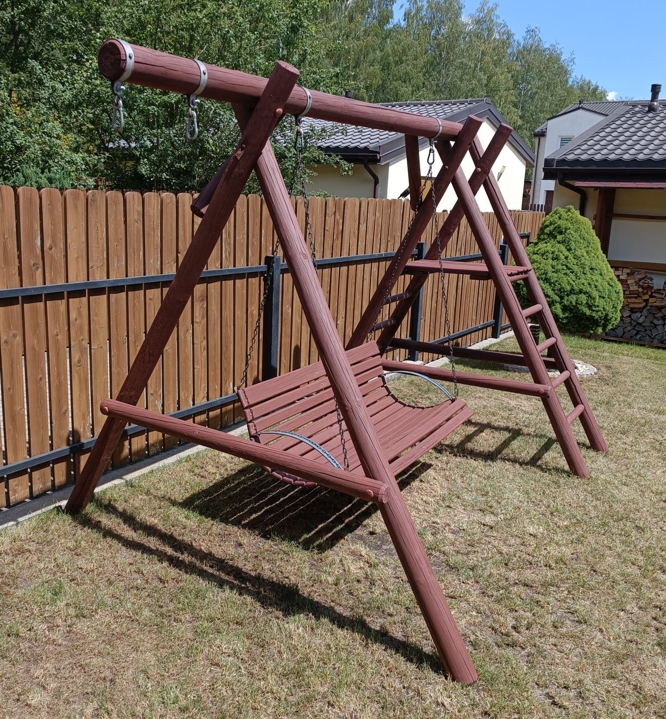 Huśtawka ogrodowa potrójna 2+1 z drabinkami do zjeżdżalni dla dzieci