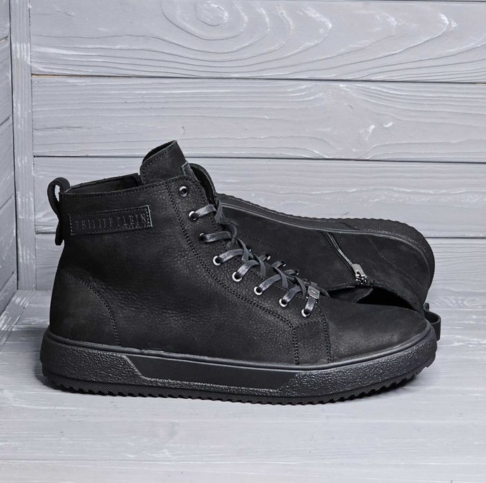 40-48 Мужские кожаные зимние черные коричневые ботики мех байка змейка