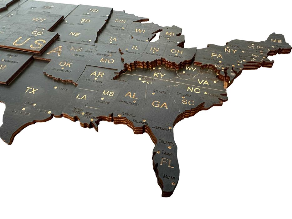 Mapa 3D drewniana USA -Czarny, 86cm Stany Zjednoczone, prezent U.S.A.