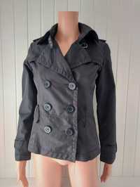 Krótki czarny płaszcz typu trencz dwurzędowy z guzikami nylon Zara XS