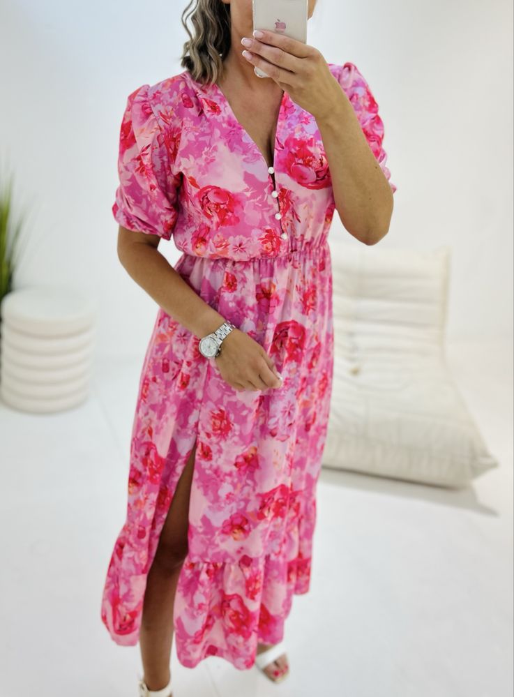 Midi sukienka w kwiecisty print. XS-L guziczki perelki wiskoza