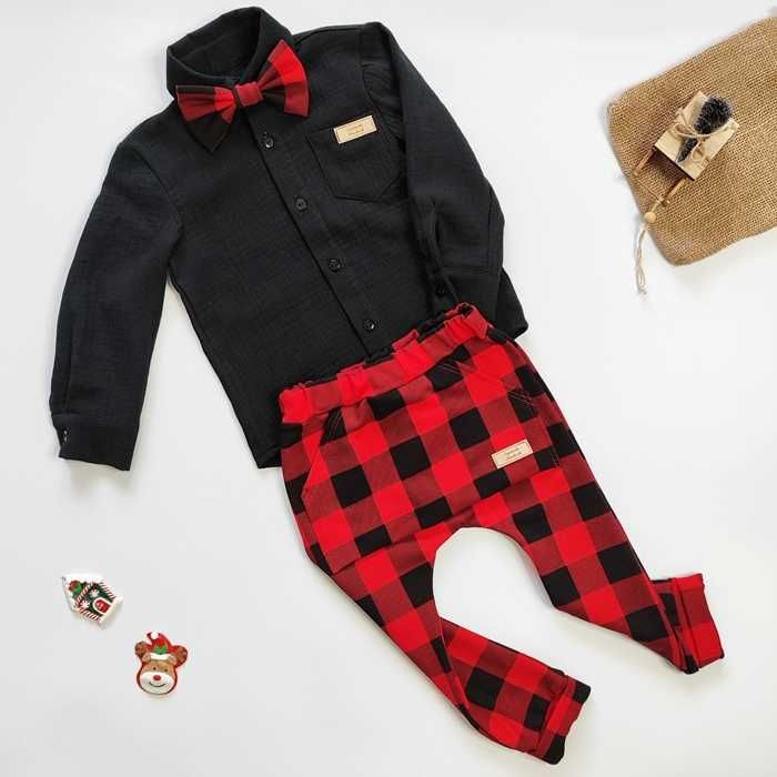 Elegancki ZESTAW chłopięcy muślinowa koszula czarna czerwona krata 92