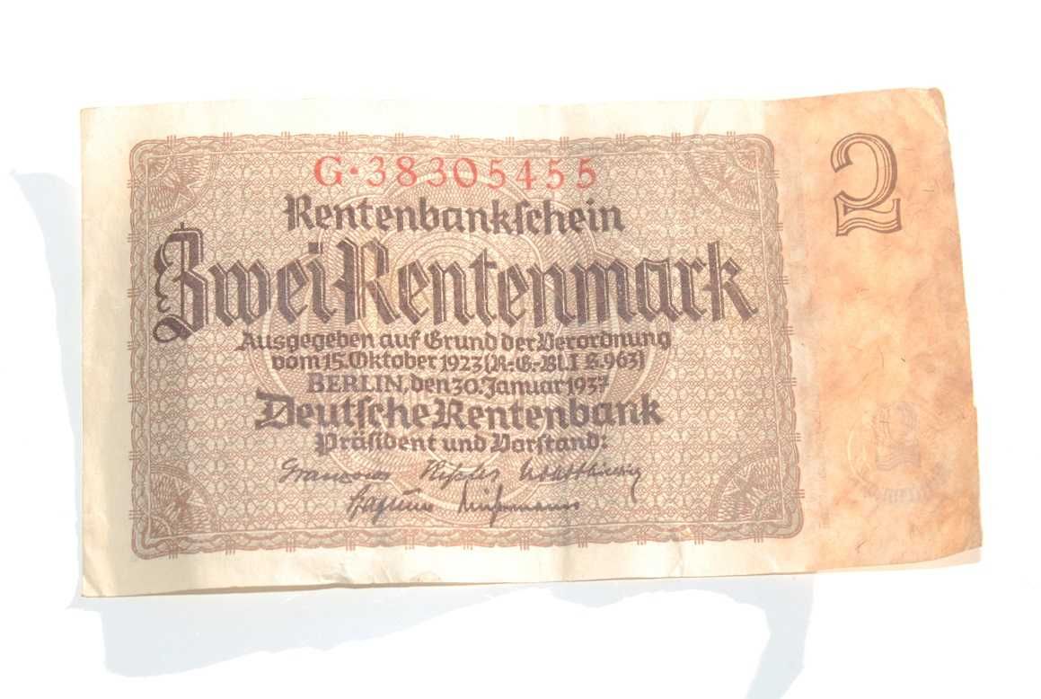 Stary banknot 2 marki 2 Rentenmark 1937 antyk Niemcy - III Rzesza