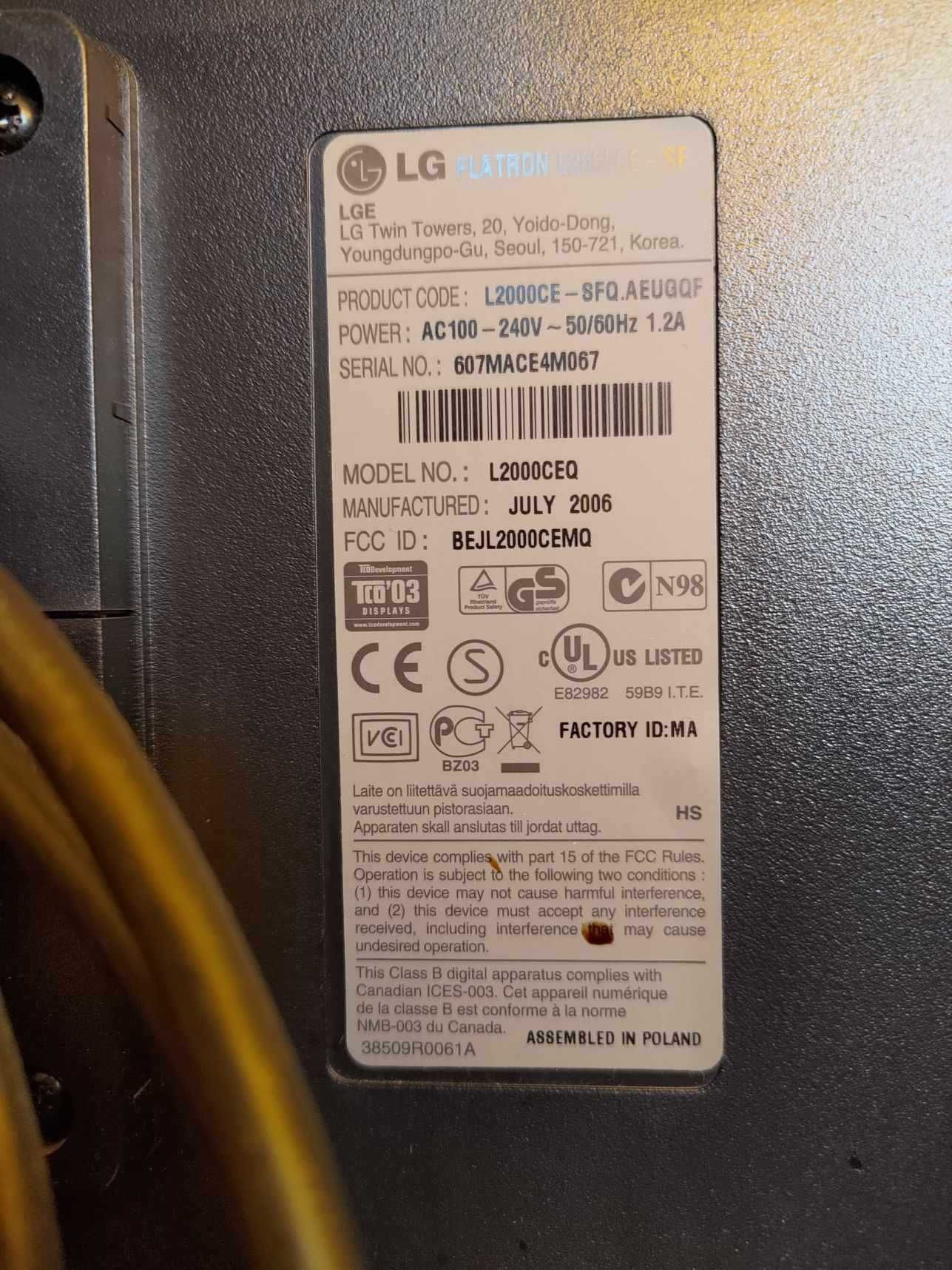 Monitor LG Flatron L2000CE - obrotowy pivot, vga, dvi, używany sprawny
