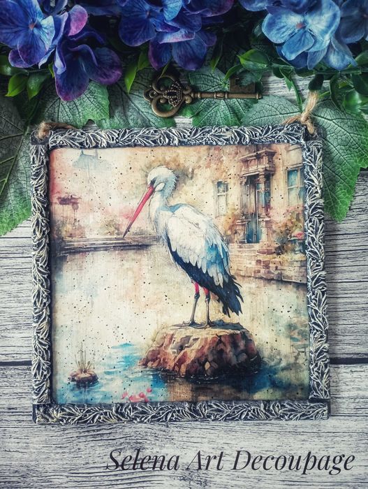 Obrazek dekoracja shabby chic vintage bocian decoupage
