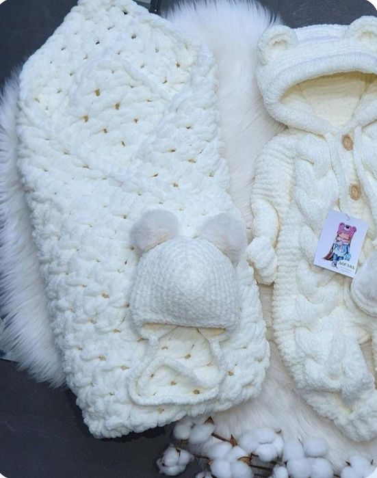 Комбинезон вязаный от 0-9 месяцев+шапочка, пинетки, пряжа Alize