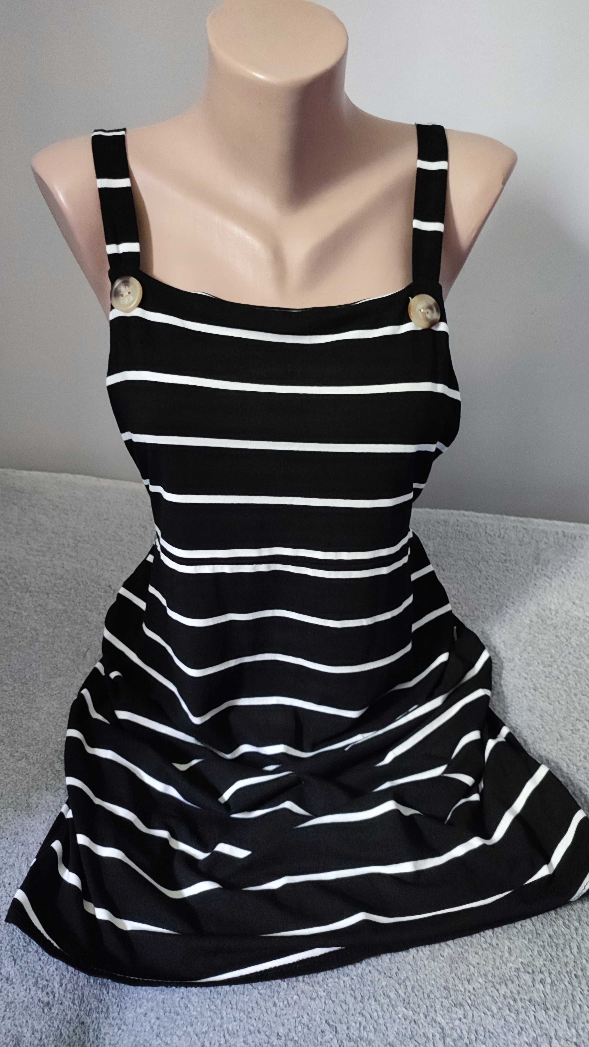 Sukienka ogrodniczka bawełniana czarna w białe paski rozmiar 14