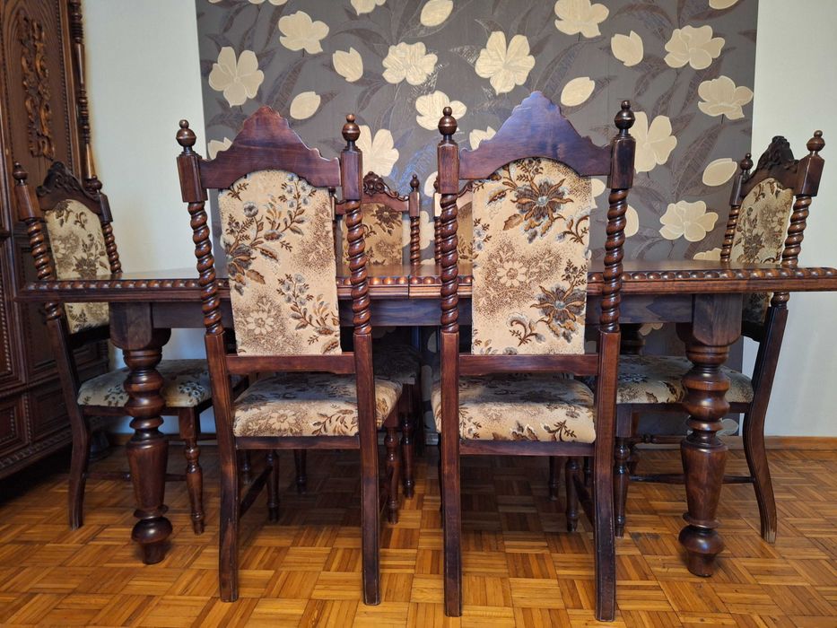 Regulowany Zdobiony-Rzeżbiony Dębowy stół + 6 Krzeseł wym.186,6x247 cm
