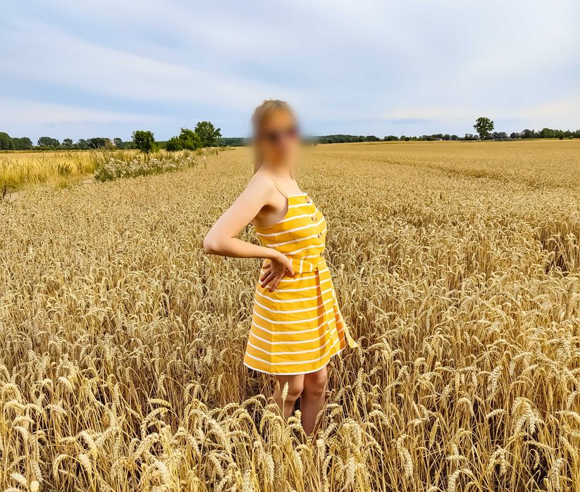 Zółta sukienka River Island 38 M w pasy paski białe len bawełna letnia