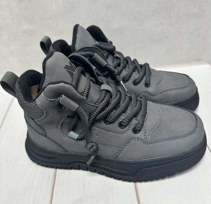 Зимові дитячі черевики MD на овчині сірий/хакі 32-37