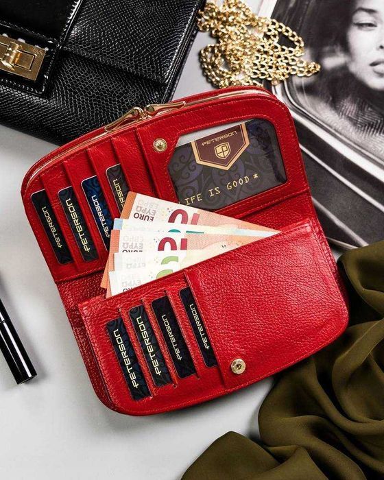Portfel Damski PETERSON Duży SKÓRZANY Poziomy Elegancki na BIGIEL Red