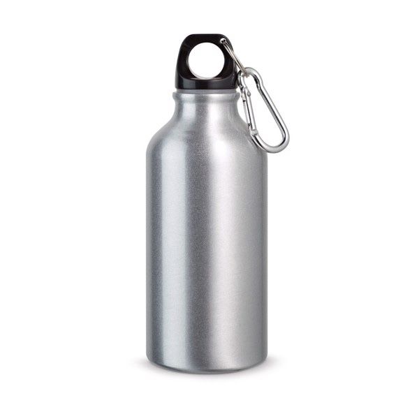 Garrafa em aluminio 420ml c/ mosquetão “Prateada“