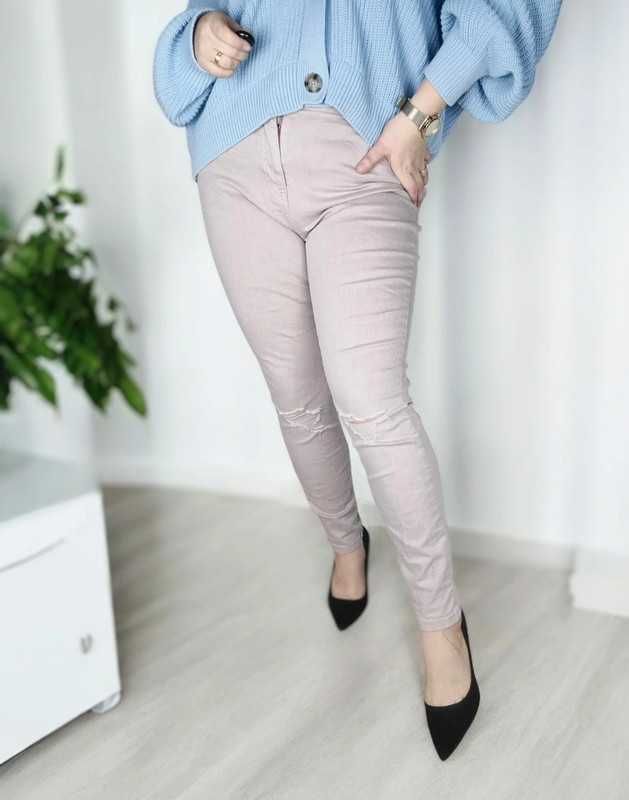 Liliowe pudrowe spodnie rurki skinny z wysokim stanem plus size 46