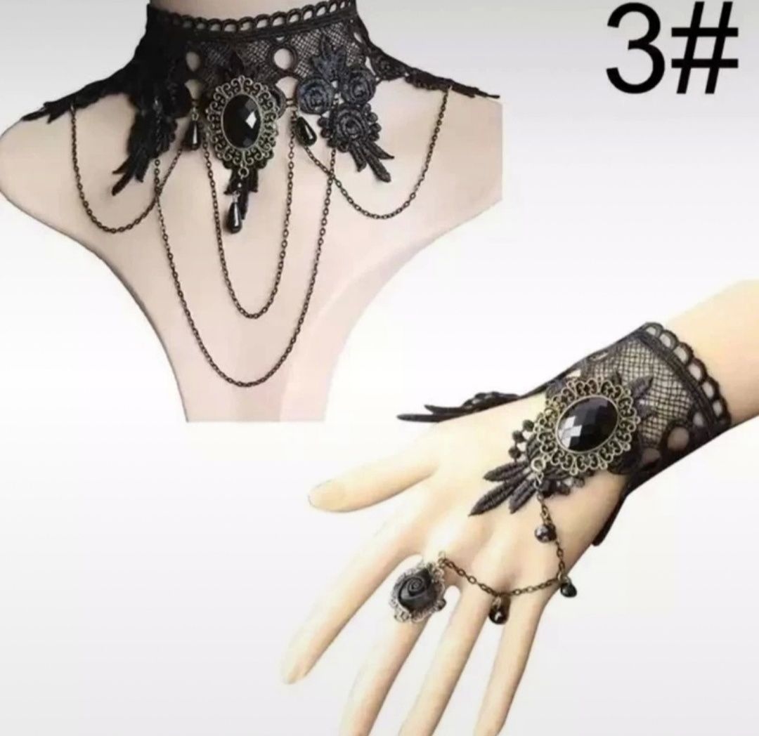 Choker pierścionek koronka Gothic punk lolita zestaw