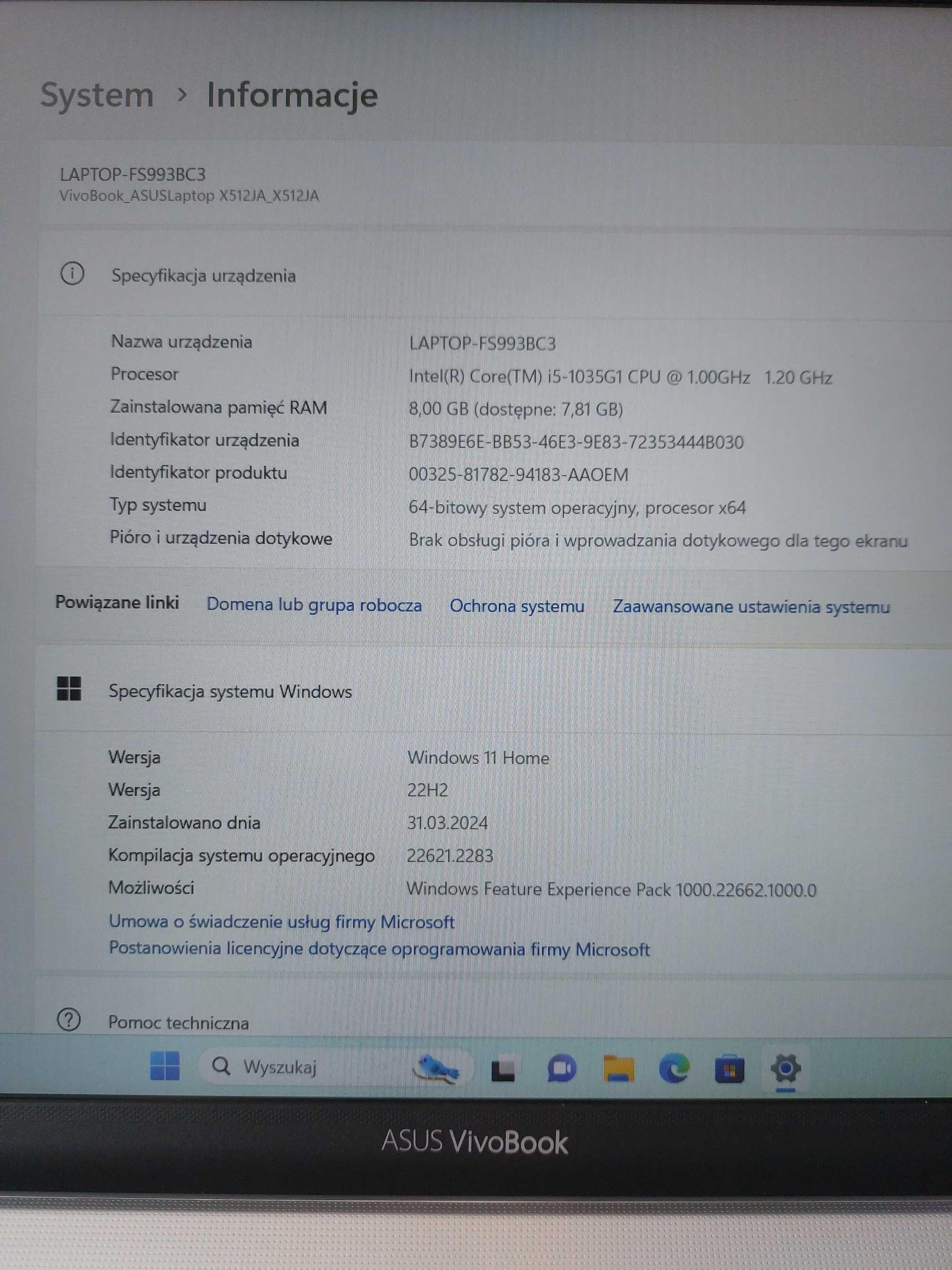 Laptop ASUS VivoBook A512JA - i5/8GB RAM/512GB SSD/Windows 11 Home