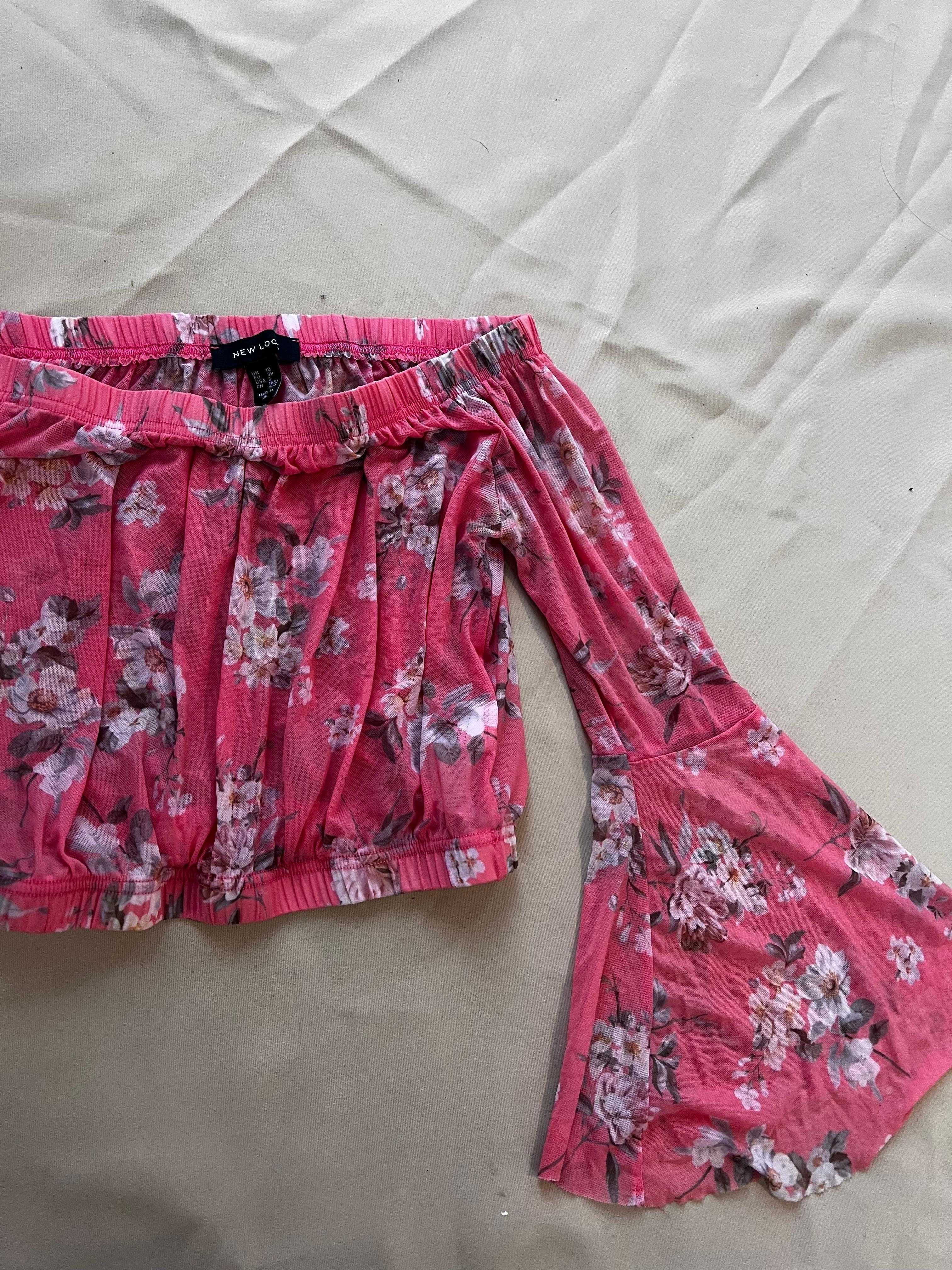 Bluzka szerokie rękawy krótka w kwiaty New Look S/M różowa hiszpanka