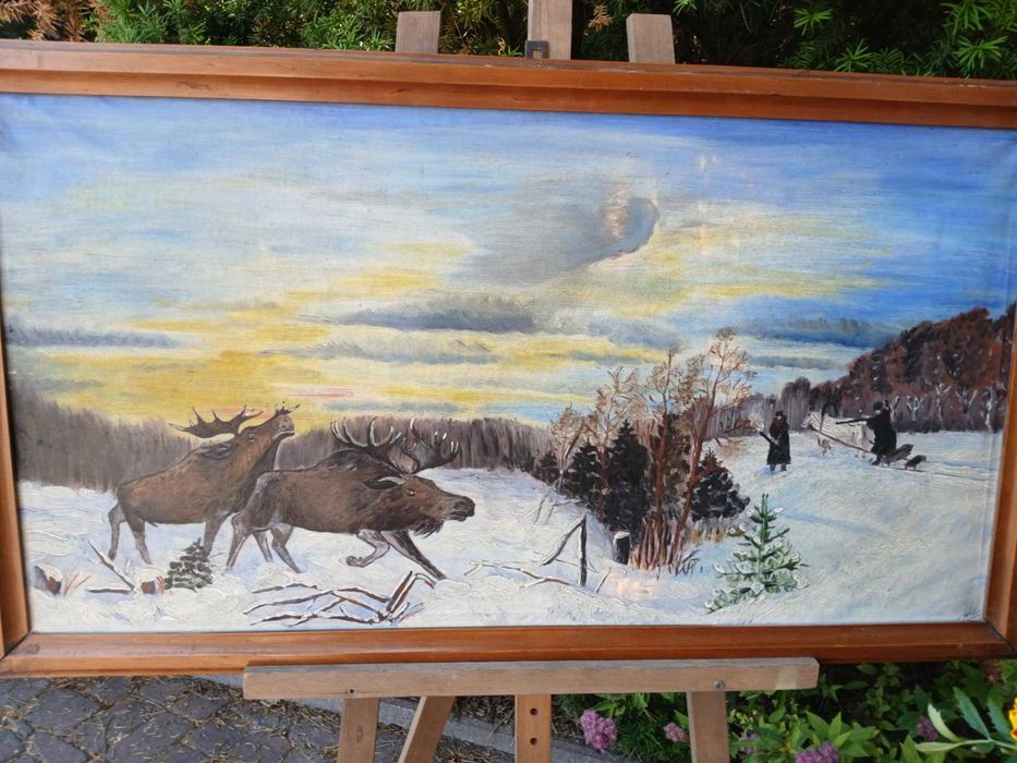 Obraz ręcznie malowany, stary Łosie, scenka na śniegu, polowanie 93x52