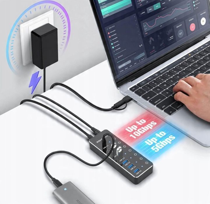 Koncentrator USB C 3.2 z zasilaczem RSHTECH 7 portów Dotykowy