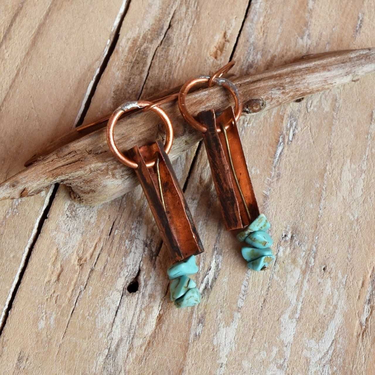 Kolczyki z kutej, oksydowanej miedzi i turkusu /55/ biżuteria handmade