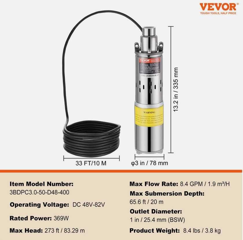Bomba de Agua Submersivel Solar 48V 369W 1900L/H