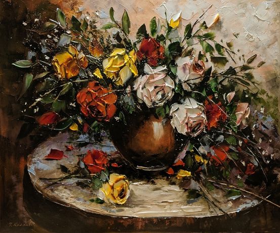 Kowalik - Bukiet róż 60x50cm róże kwiaty olejny , widoczna faktura