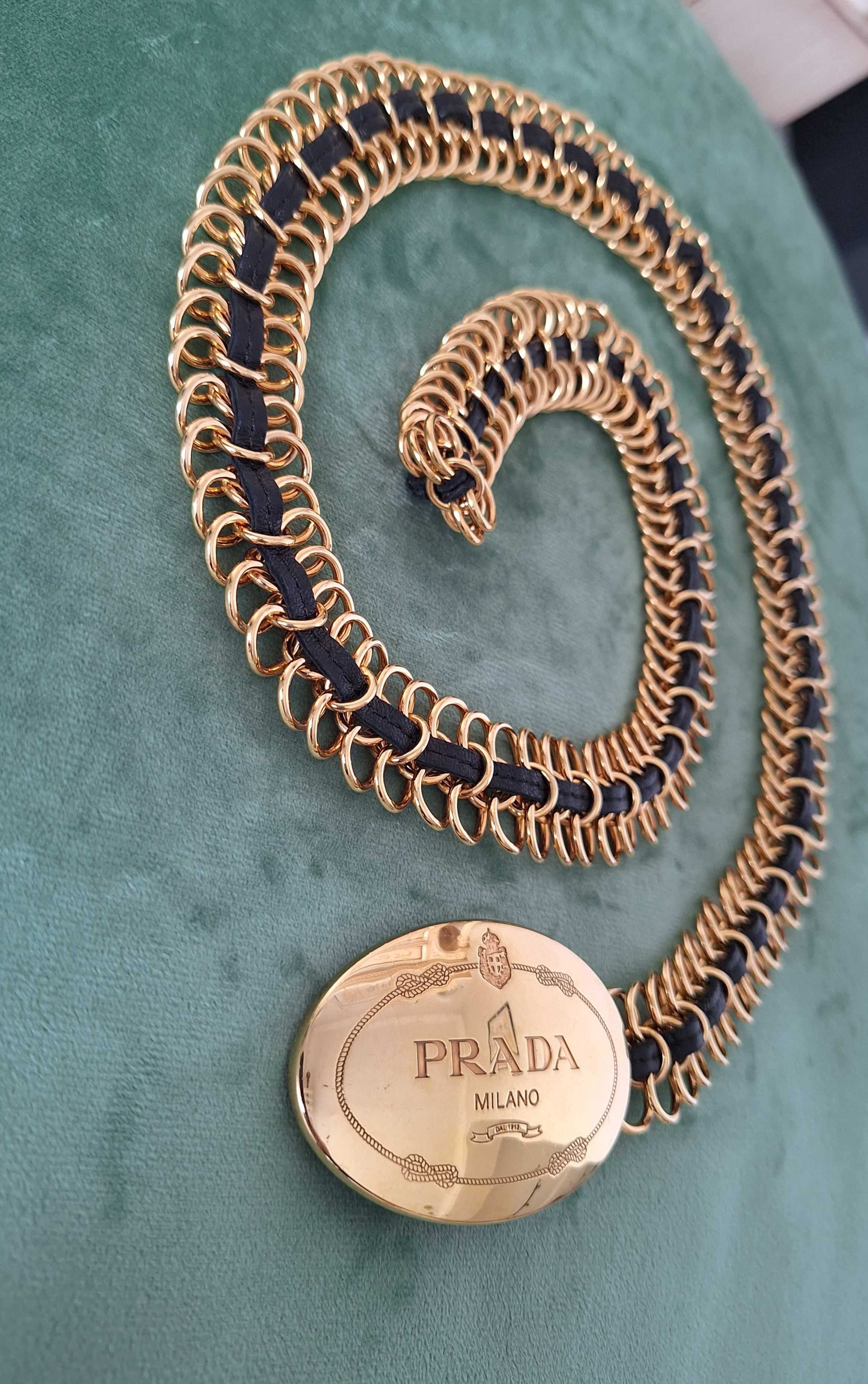 Oryginalny złoto-czarny damski pasek Prada