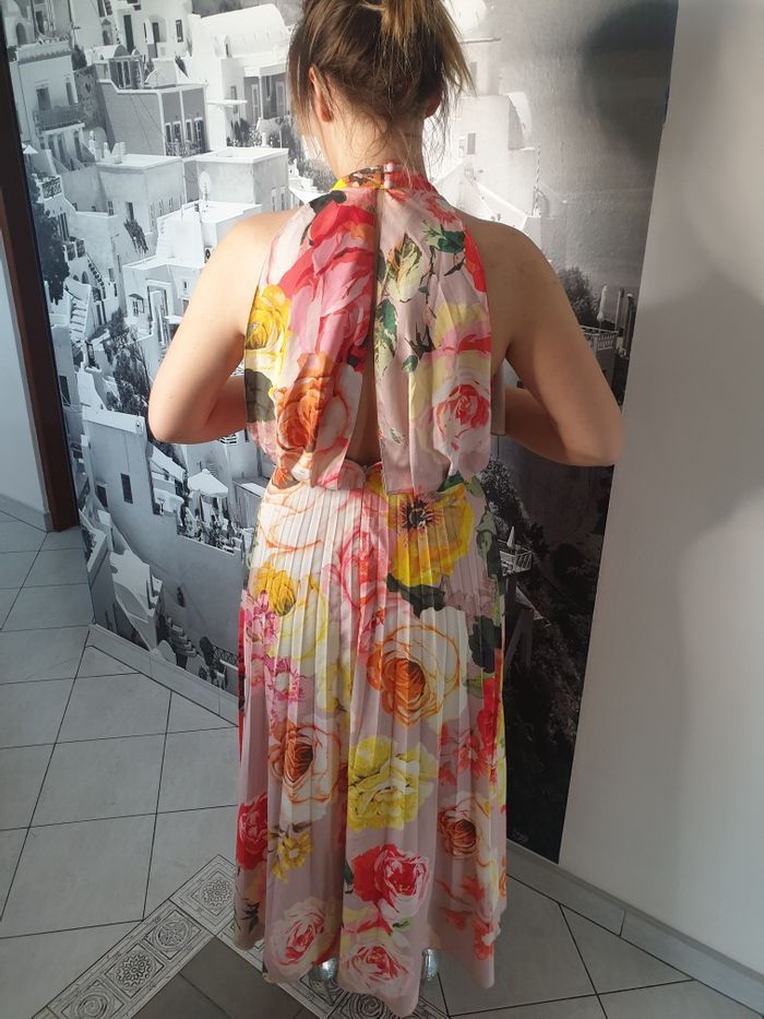 Długa plisowana sukienka kwiaty różowa pomara ecri żółta 38 40 Asos