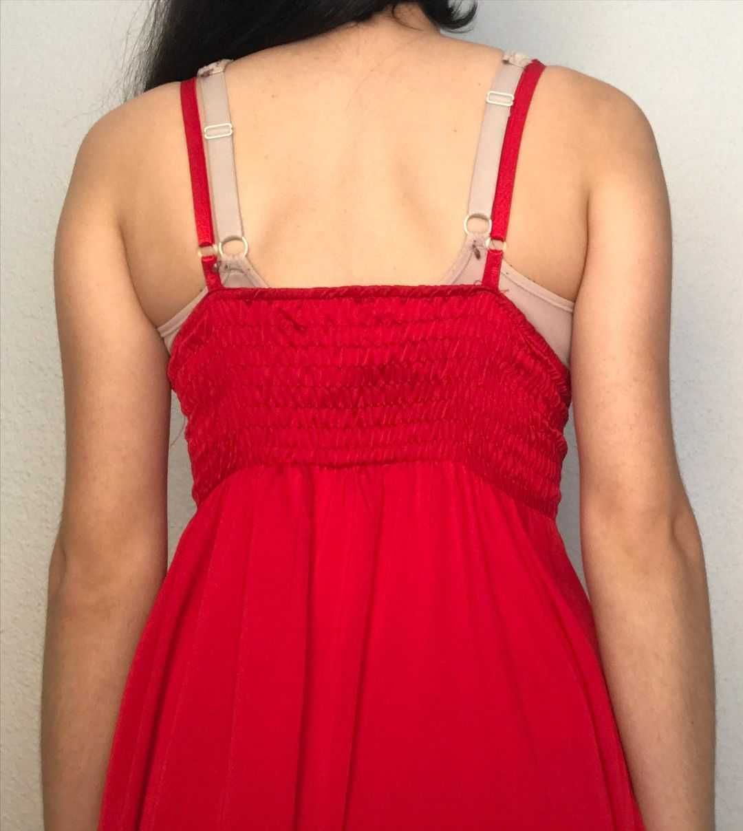 Vestido de Cetim Comprido/Longo Vermelho Decote em V/Bico