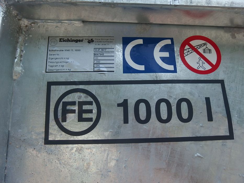Pojemnik zbiornik dźwigowy na beton śmieci gruz EICHINGER Ocynk 1000L