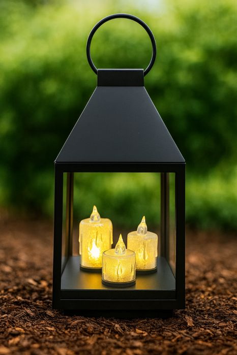 Lampion Latarenka Czarna 25 Cm Z 3 Świeczkami Led Dekoracja