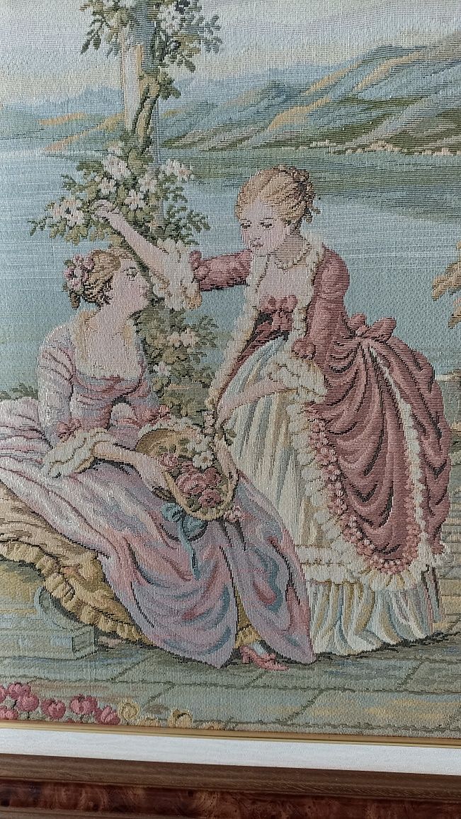 Quadro Gobelin / senhoras no jardim junto ao lago.