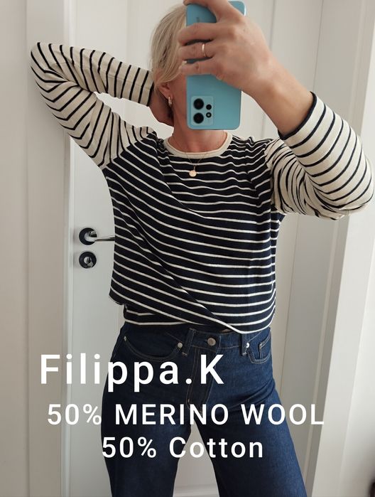 Sweter w paski rozm M wełna z merynosa i bawełna,granatowy ,kremowy