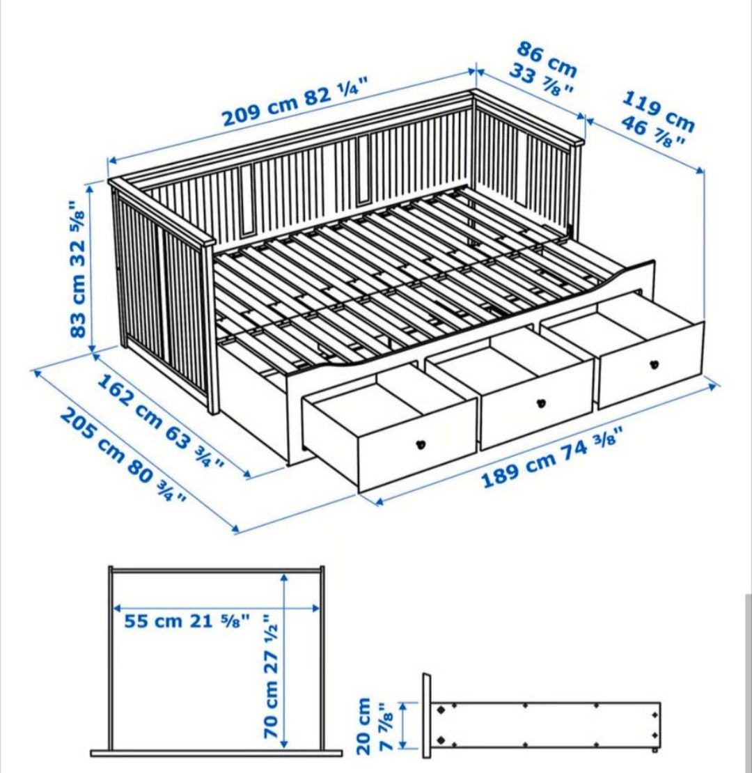 Łóżko leżanka Ikea Hemnes rozsuwane plus pojemnik na pościel i materac