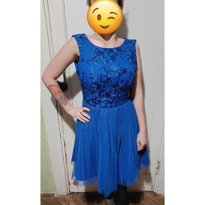 Кружевное синее платье Bicotone с юбкой-сеткой на змейке, размер 38