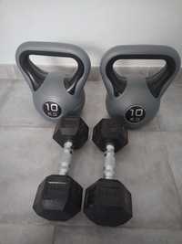 Halteres hexagonais e kettlebels