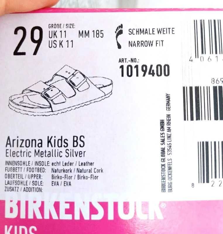 Birkenstock Arizona 29 klapki sandałki skórzane srebrne