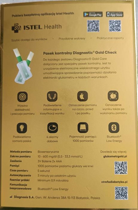 Glukometr DIAGNOSTIC GOLD CARE "Bluetooth"+ 2x50 szt pasków gratis POL