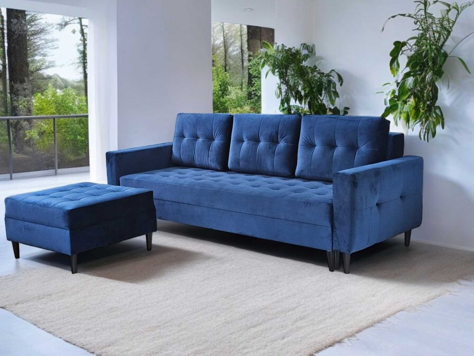 Rozkładana sofa z pojemnikiem. Kanapa PORTO. Sprężyny. Drewniane nogi
