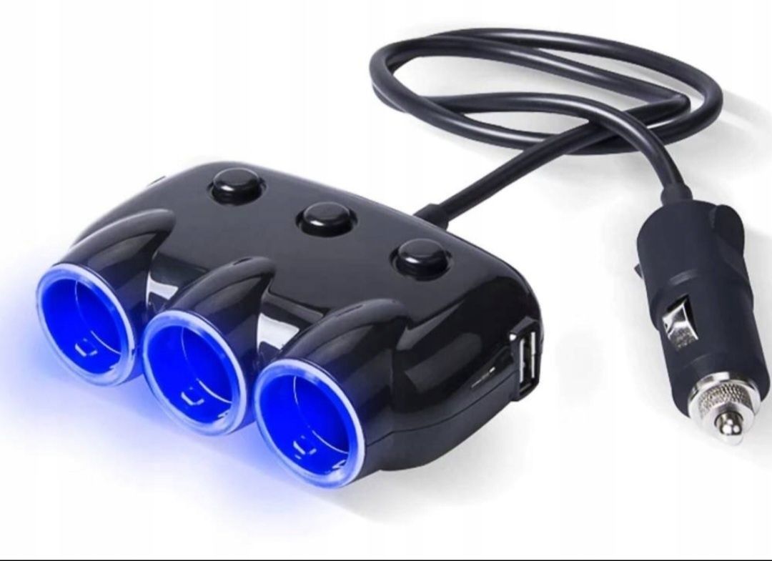 NOWY | Rozgałęziacz gniazda zapalniczki | 3x + włączniki | 2xUSB 3.1A|