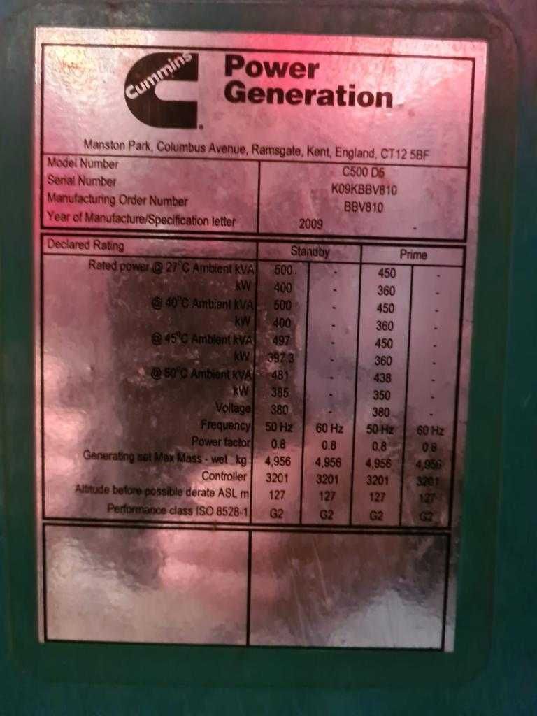 Agregat prądotwórczy CUMMINS C500-D5 - 500 kVA dostępne 2 szt
