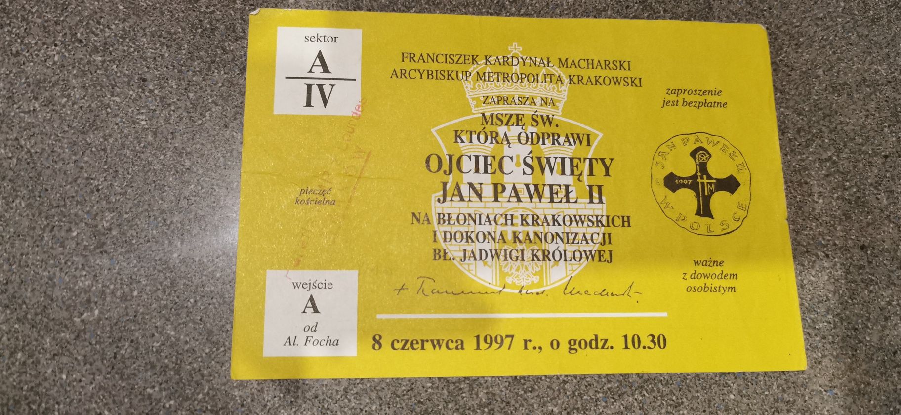 Bilet karnet kolekcjonerski zaproszenie Jan Paweł II  1997