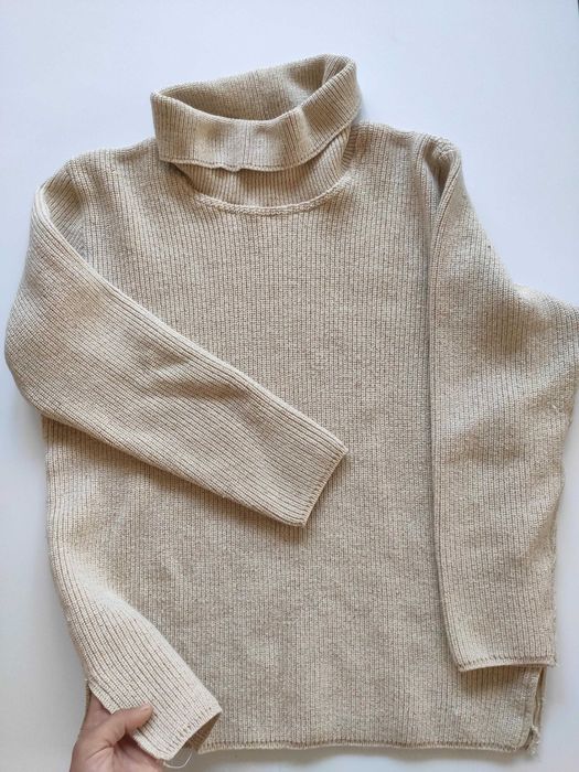 beżowy sweter z golfem prążkowany wełniany z jedwabiemS M