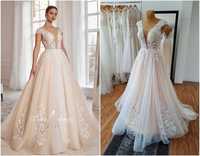 Nowa tiulowa suknia ślubna bogato zdobiona z opadającym rękawkiem 38