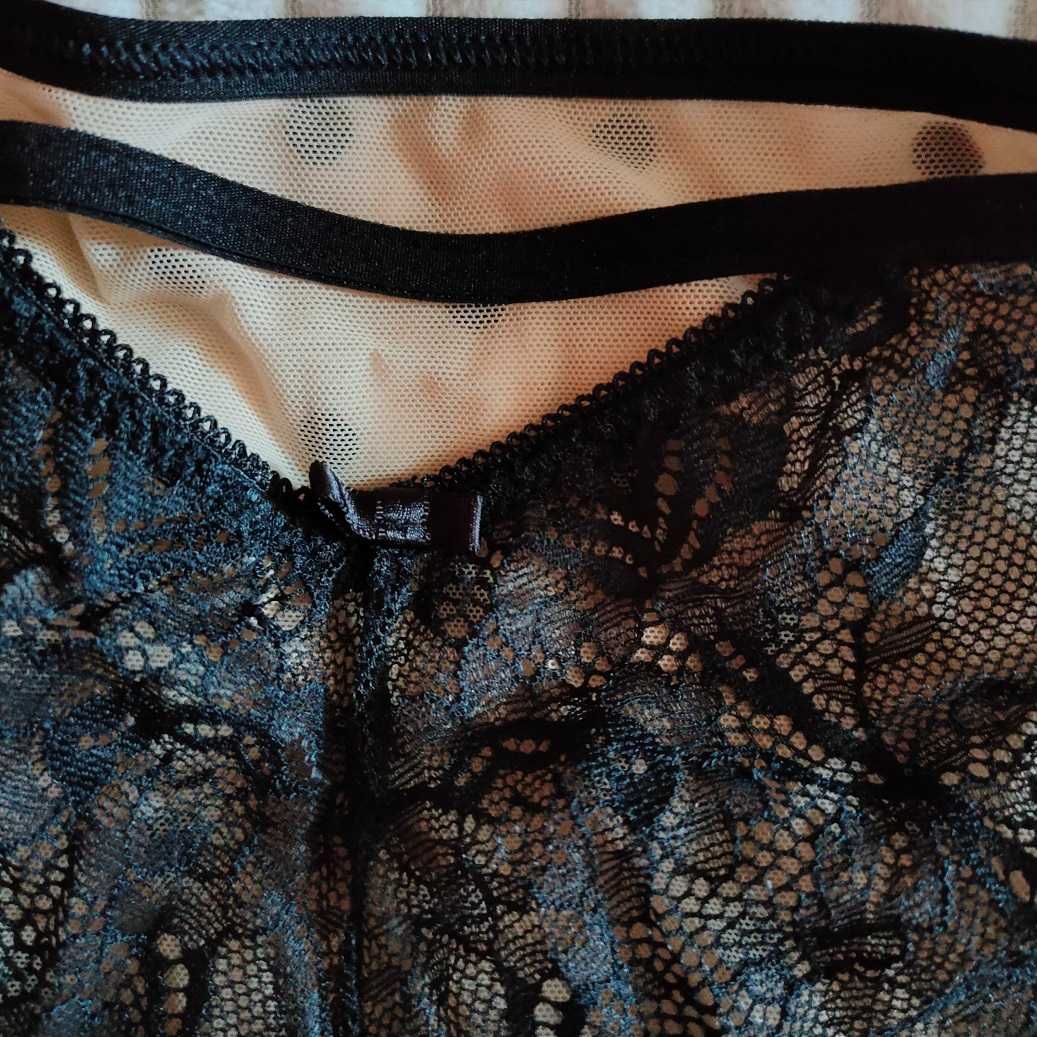 KINGA figi panty damskie beżowo-czarne z koronką XL/42